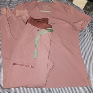 Pink Scrub Set with Green Drawstring
